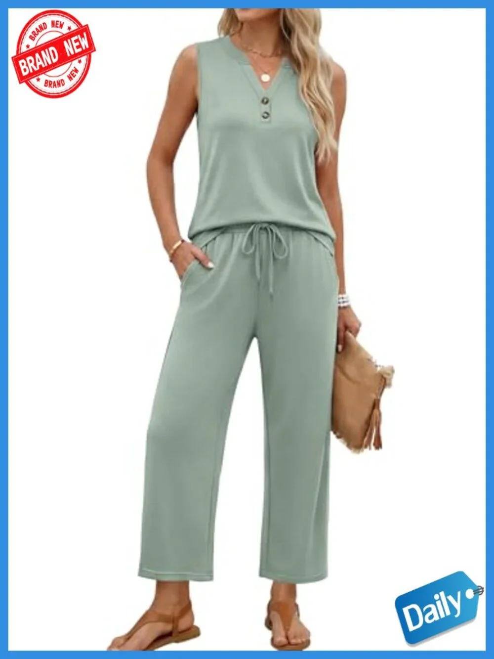Two Piece Lounge Set V-Neck Tank Wide Leg Pants 60% Polyester 35% Rayon 5%
